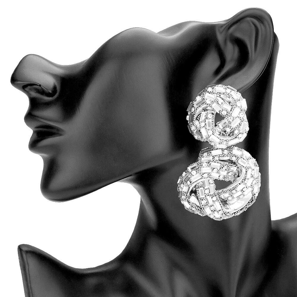 Oversized Silver Embellished Knot Statement Earrings